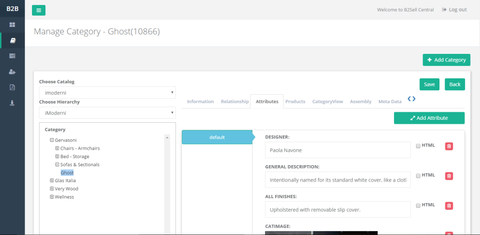 screenshot of B2Sell Product Information Management